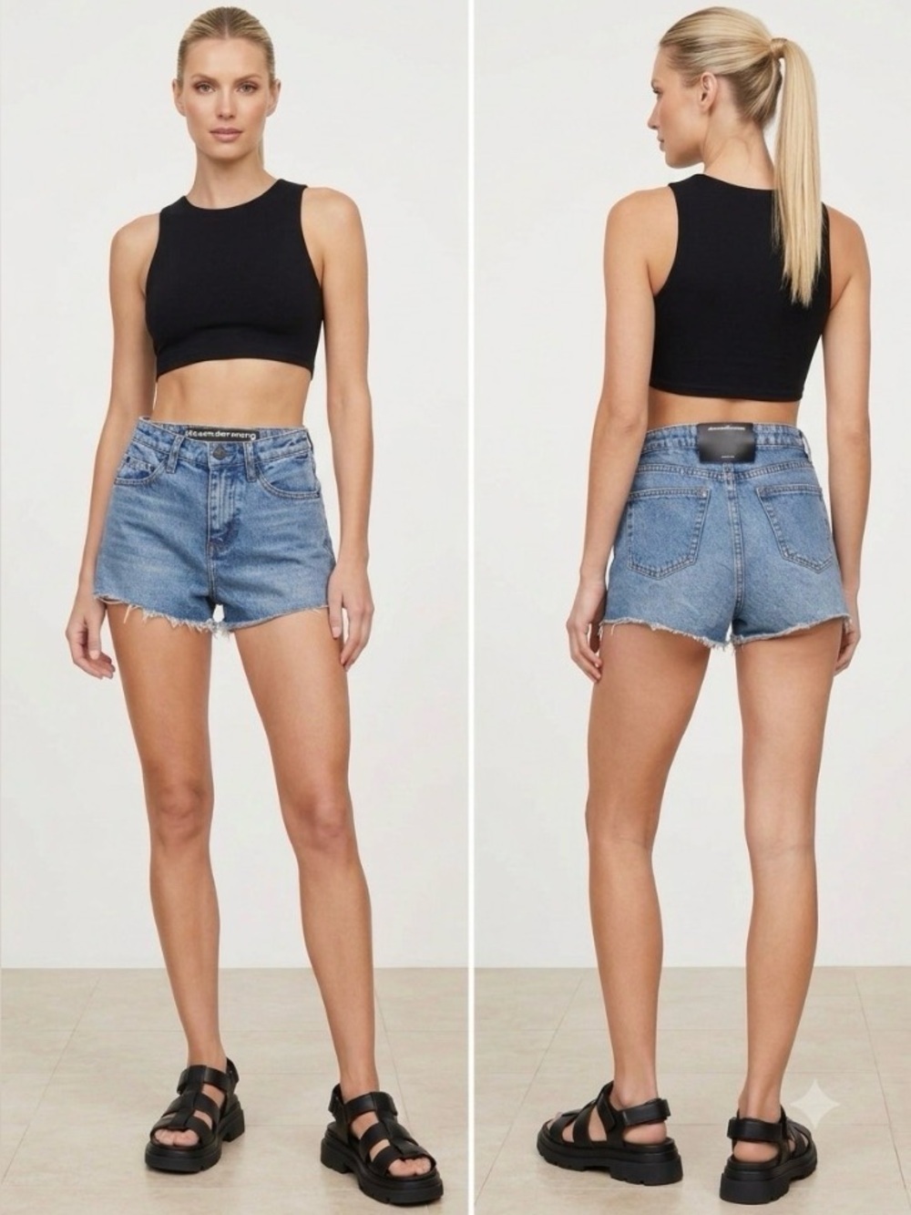 Alexander Wang Bite High Rise Frayed Cut Off Logo Patch Designer Mini Shorts 25